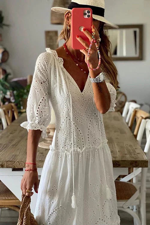 White Eyelet Tassels Tiered Maxi Dress - Omychic