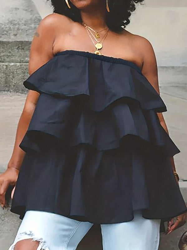 A-Line Loose Elasticity Layered Ruffled Solid Color Tube Vest Top - Omychic