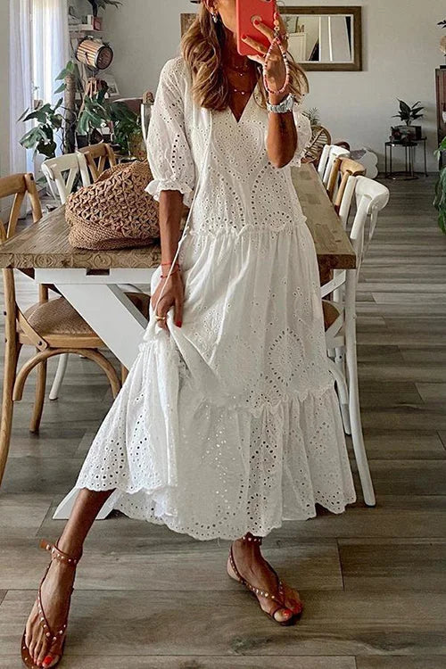 White Eyelet Tassels Tiered Maxi Dress - Omychic