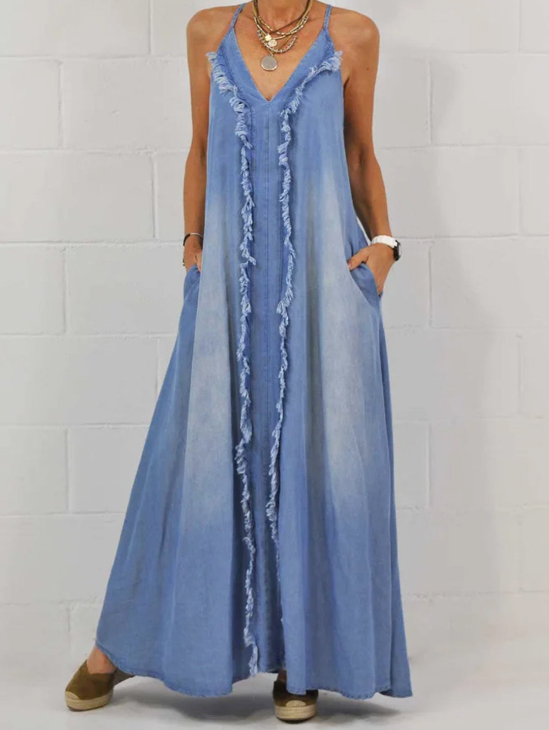 Raw Edge V Neck Pocket Maxi Dress Sleeveless - Omychic