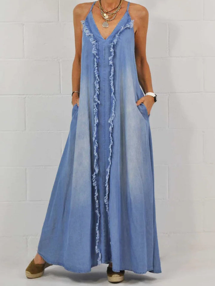 Raw Edge V Neck Pocket Maxi Dress Sleeveless - Omychic