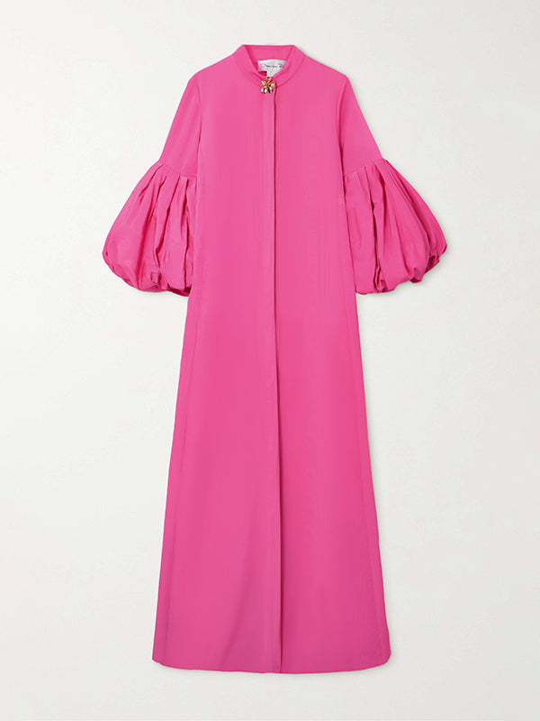 Loose Flower Shape Solid Color Stand Collar Lantern Sleeves Maxi Dresses - Omychic