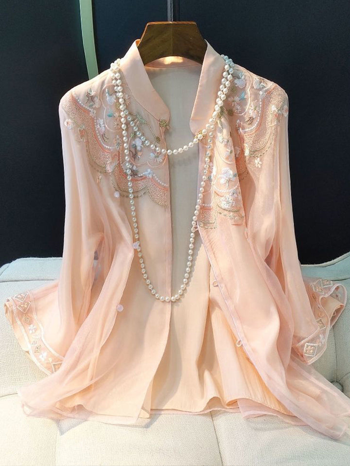 Elegant Lotus Pink Floral Embroidery Mock Neck Fog Button 3/4 Sleeve Loose Shirt - Omychic