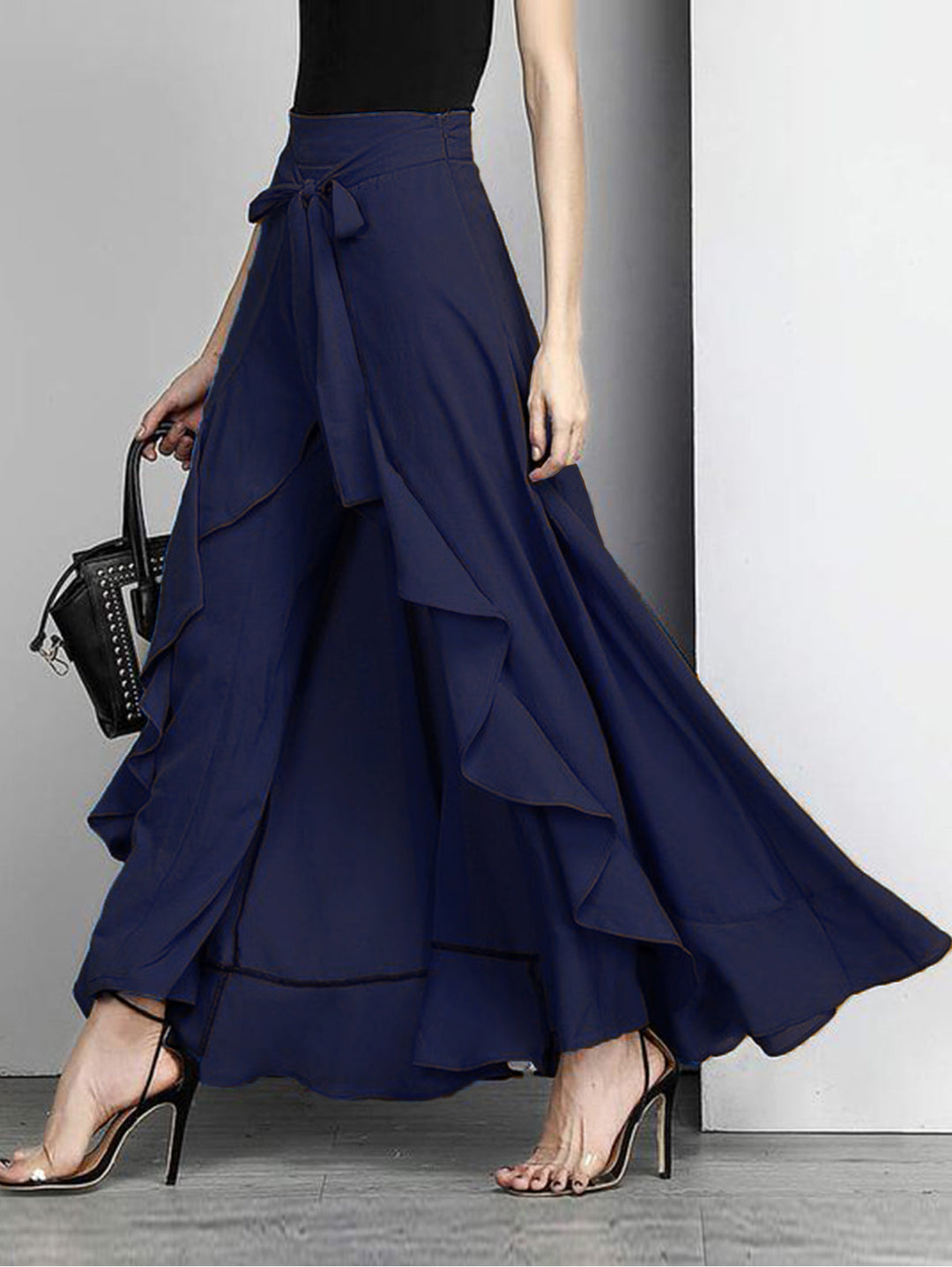 Elegant Grey Waist Spliced Ruffle Hem Straight Leg Skirt - Omychic