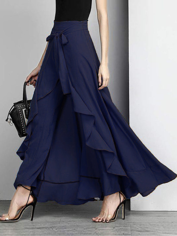 Elegant Grey Waist Spliced Ruffle Hem Straight Leg Skirt - Omychic