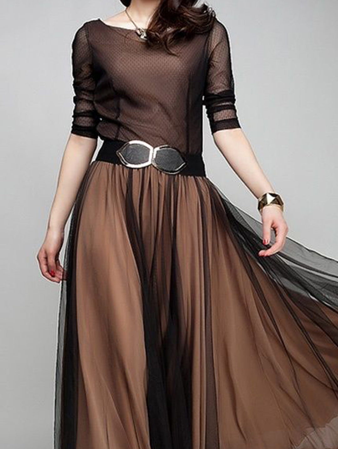 Elegant Plain Boat Neck Flowy Hem Maxi Dress - Omychic