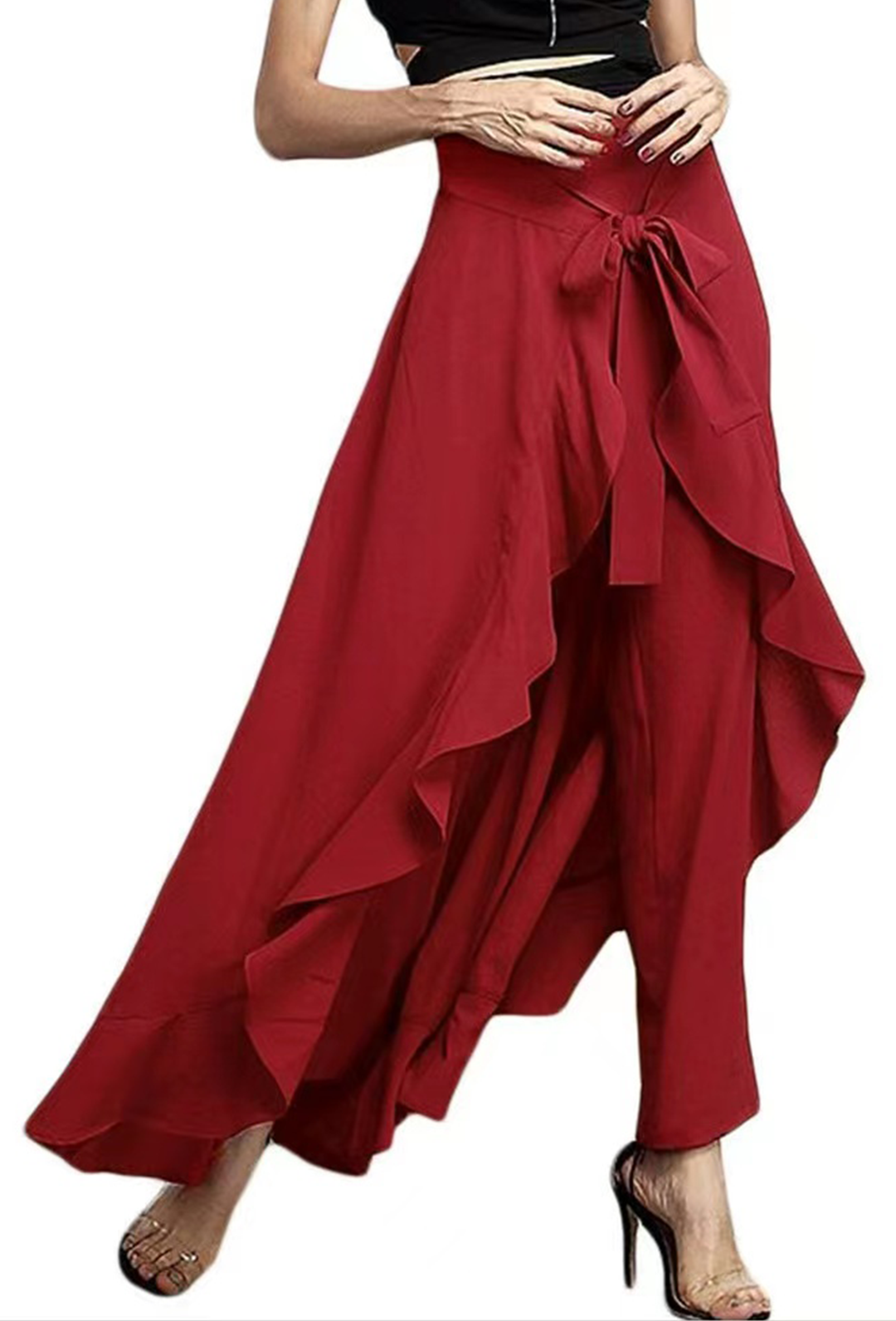 Elegant Grey Waist Spliced Ruffle Hem Straight Leg Skirt - Omychic
