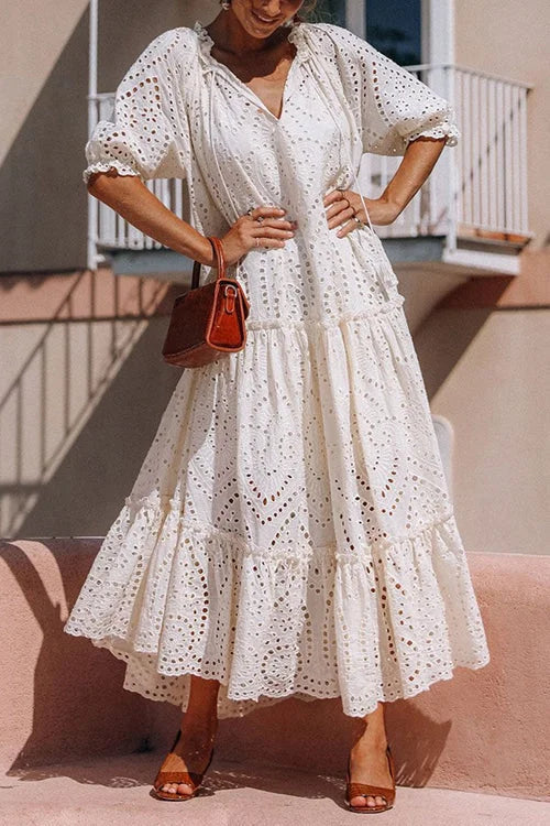 White Eyelet Tassels Tiered Maxi Dress - Omychic
