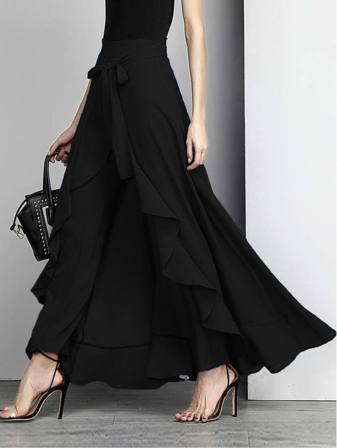 Elegant Grey Waist Spliced Ruffle Hem Straight Leg Skirt - Omychic