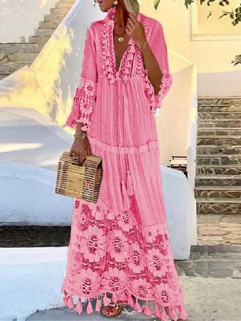 Loose Yellow Boho Deep V Neck Lace Fringe Maxi Dress - Omychic
