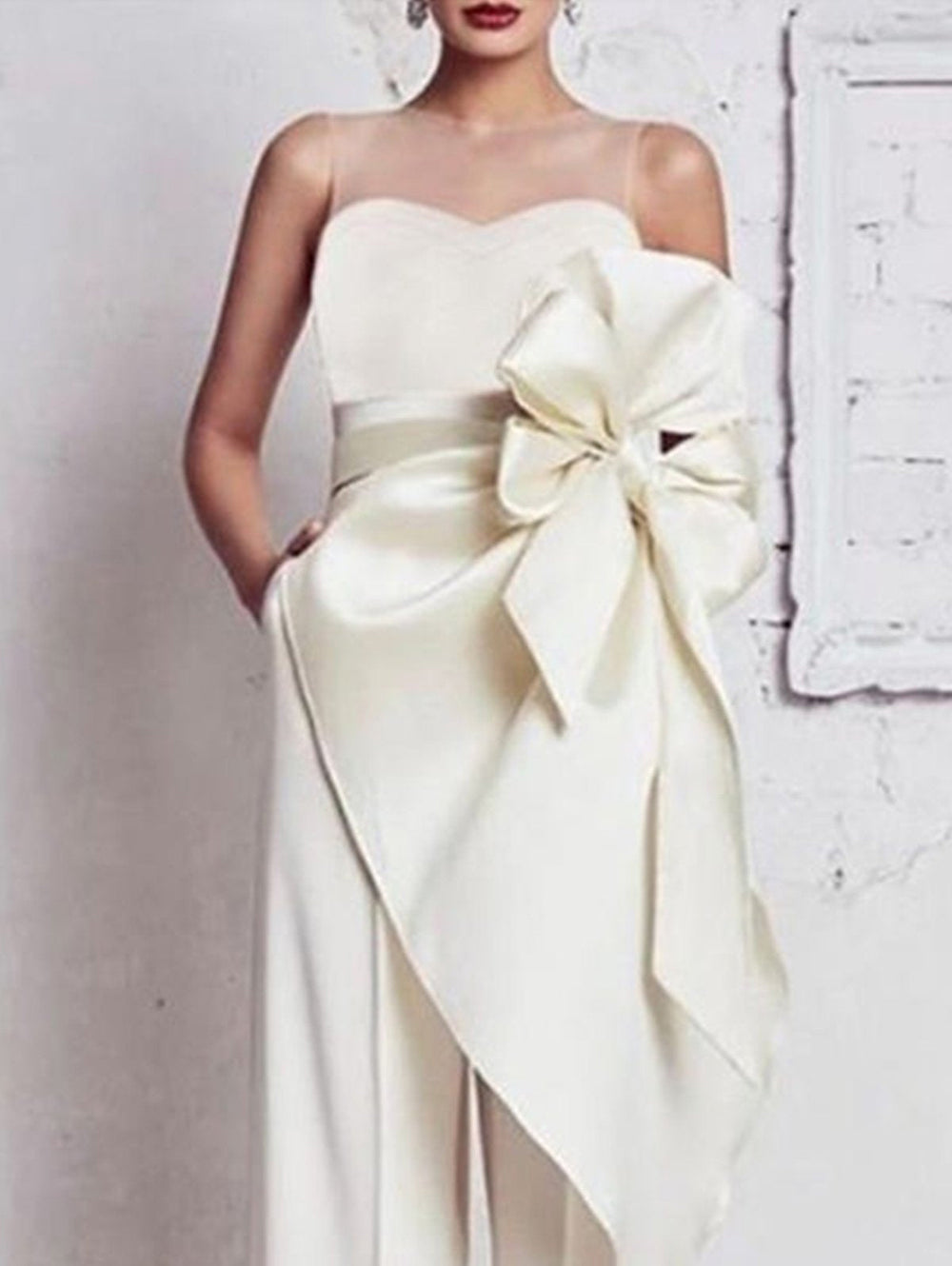 Elegant Bow Belt Pocket Straight Leg Jumpsuit Sleeveless - Omychic