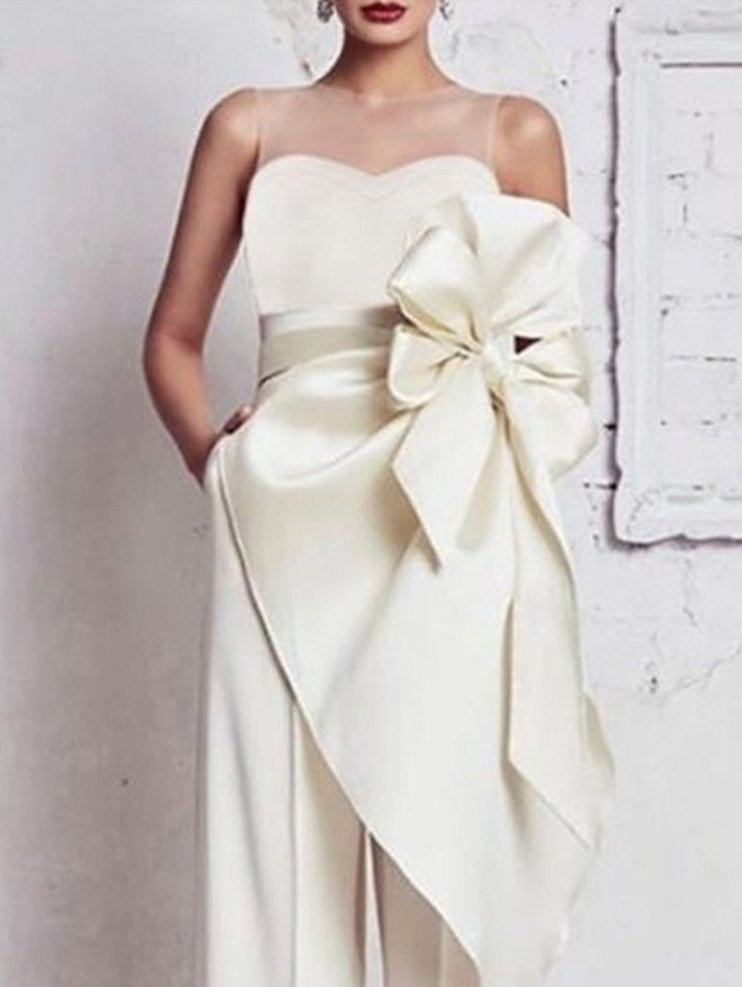 Elegant Bow Belt Pocket Straight Leg Jumpsuit Sleeveless - Omychic