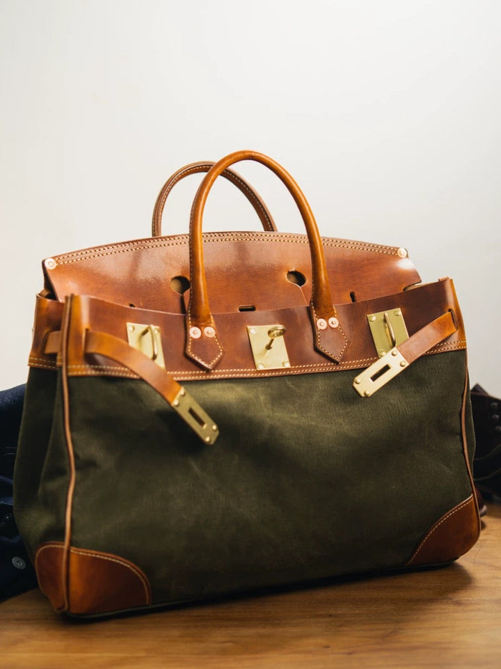 Italian Army Green Calf Leather Patchwork Tote Handbag - Omychic