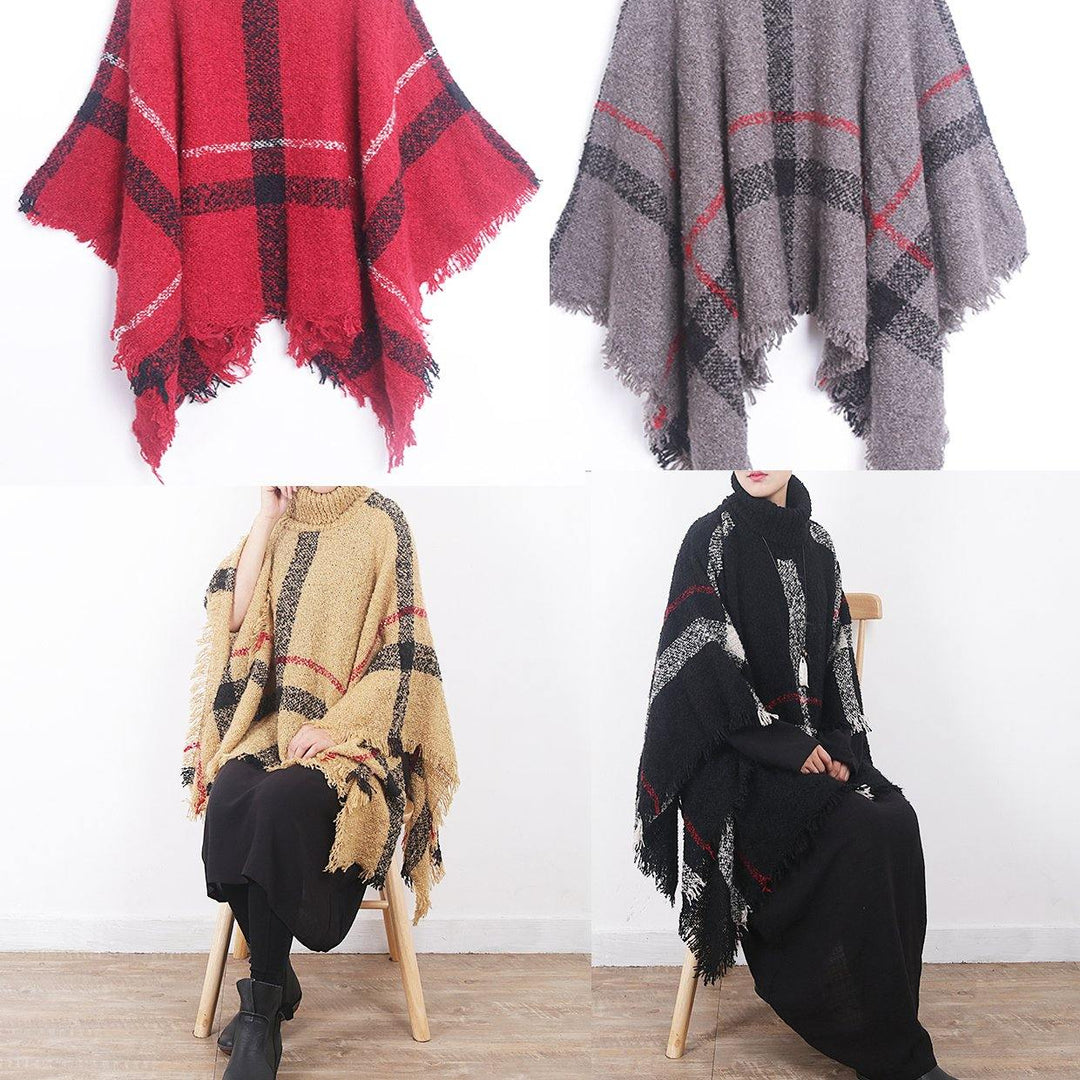 oversize dark gray tassel high neck sweater plaid women casual cloak