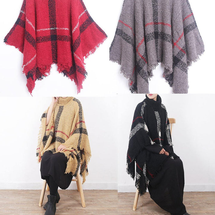 oversize dark gray tassel high neck sweater plaid women casual cloak