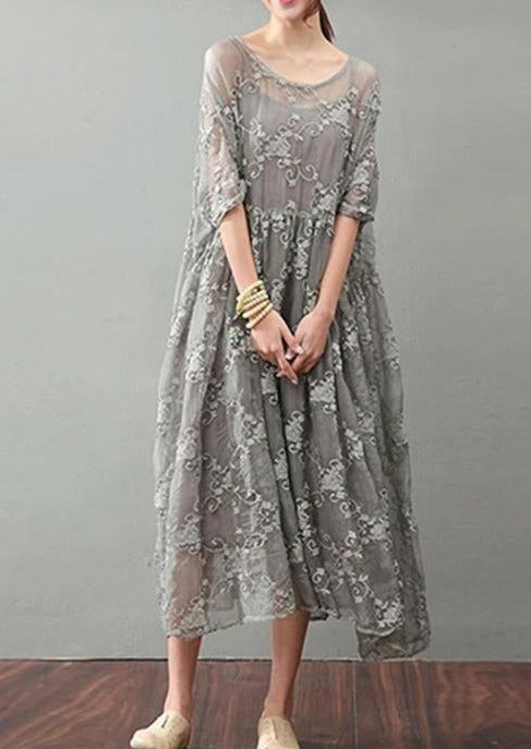Vintage Gray Maxi Dress Trendy Plus Size Lace Gown Bracelet Sleeve - Omychic
